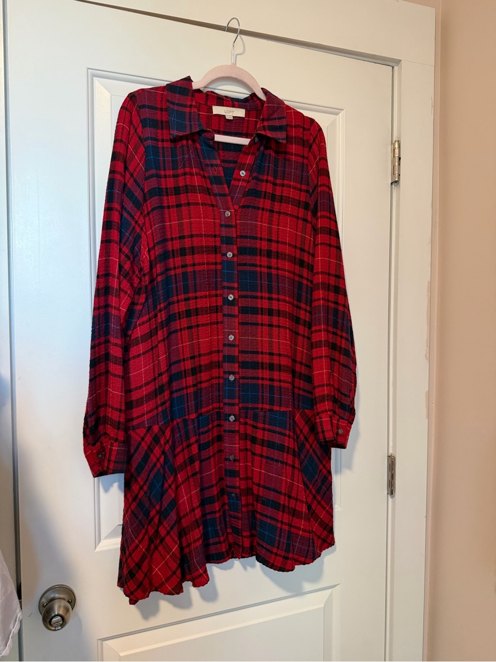 LOFT Red & Navy Plaid Button-Down Shirt Dress